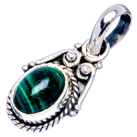 Malachite pendant with oval green stone, detailed silver filigree and hinged bail