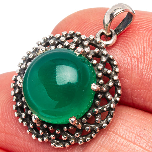 Green onyx cabochon pendant in .925 sterling silver with bead halo and loop bail