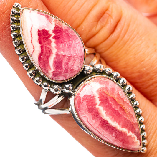 Rhodochrosite double teardrop ring in .925 sterling silver, pink stones with white veining
