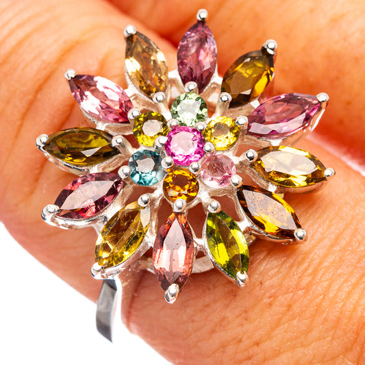 Multi-tourmaline sterling silver ring with colorful marquise and round gems cluster