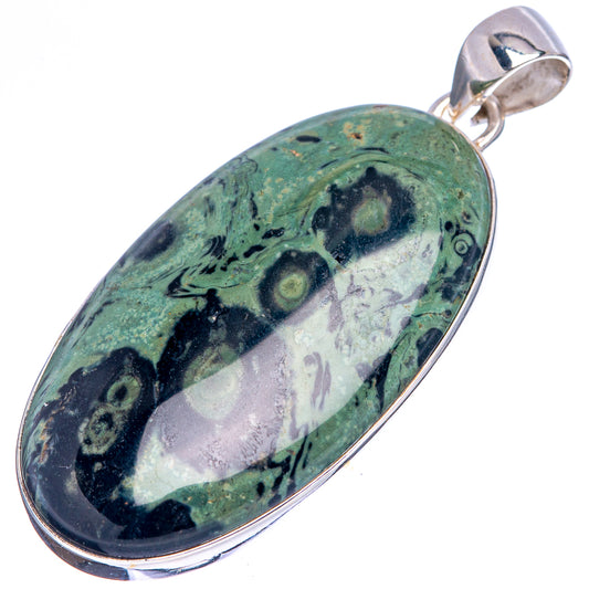 Oval green and black jasper pendant with .925 sterling silver bezel and bail