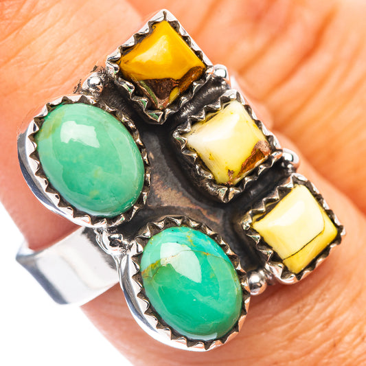 Sterling silver adjustable ring with green oval and yellow square gemstone settings