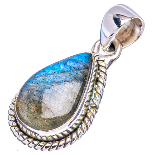 Oval labradorite pendant with blue-gray flash stone, sterling silver bail and frame