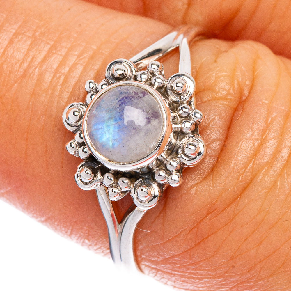 925 sterling silver dainty moonstone ring, round rainbow-luster stone, size 7