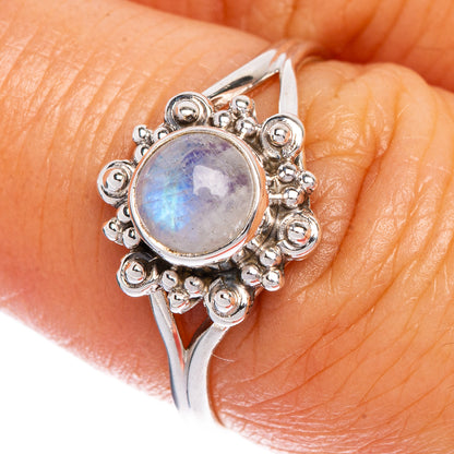 925 sterling silver dainty moonstone ring, round rainbow-luster stone, size 7