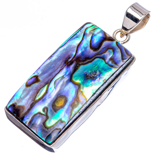 Rectangular abalone shell pendant, iridescent blue-green with .925 sterling silver bail