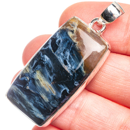 Rectangular pietersite pendant with blue and gold stone, 925 sterling silver bezel
