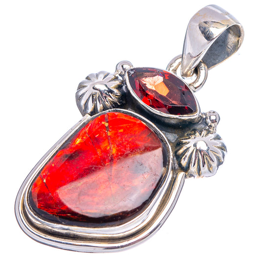 Sterling silver pendant with red ammolite teardrop and faceted maroon oval, floral accents