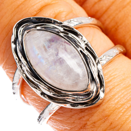 Oval moonstone ring with braided oval silver setting, size 8.75, .925 sterling