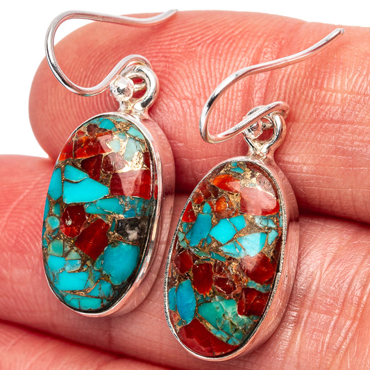 Oval coral and turquoise matrix earrings with bezel-set .925 sterling silver hooks