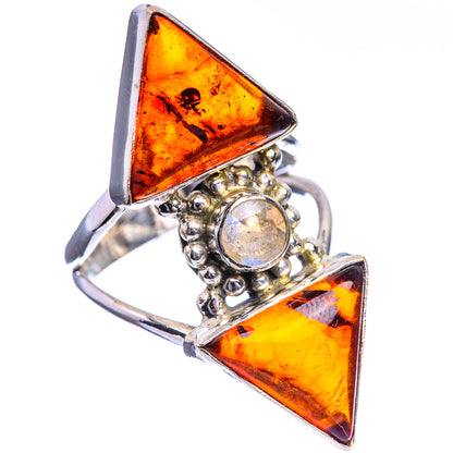 Large Baltic Amber, Rainbow Moonstone Ring Size 7.75 (925 Sterling Silver) R143159