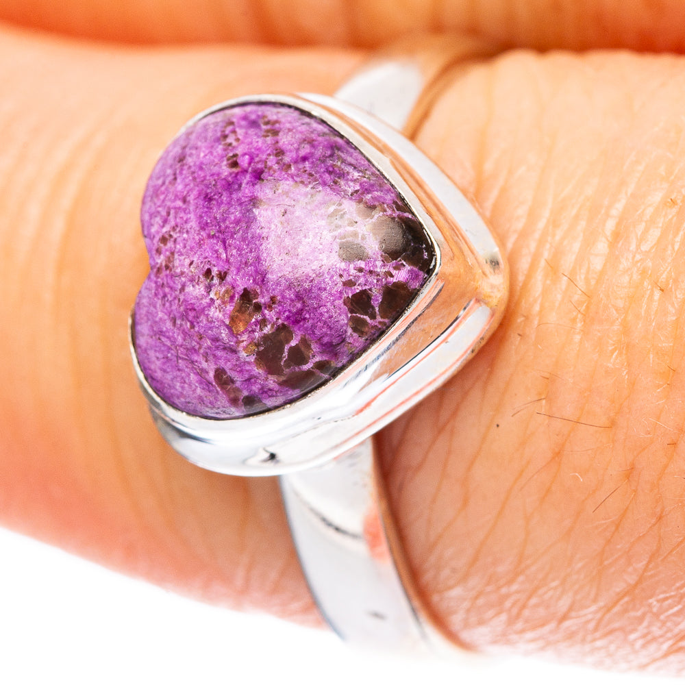 Heart-shaped stichtite sterling silver ring with purple gemstone bezel, size 8