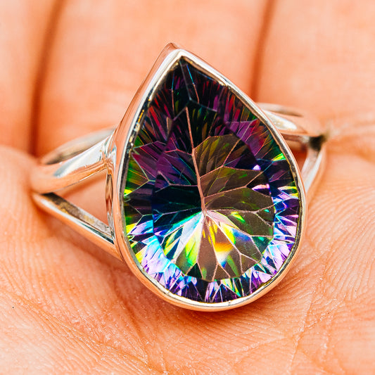 Sterling silver pear ring with faceted rainbow Mystic Topaz gemstone in bezel