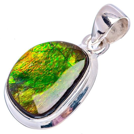 Oval ammolite pendant with .925 sterling silver bezel and top bail, bright green iridescence