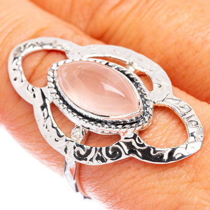 Sterling silver rose quartz oval ring with ornate filigree; size 8.75