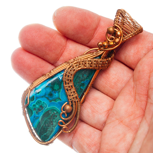 Malachite In Chrysocolla Wire Wrap Pendant 3 1/4" (Copper)