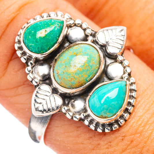 Turquoise teardrop ring with three green stones, .925 sterling silver bezel