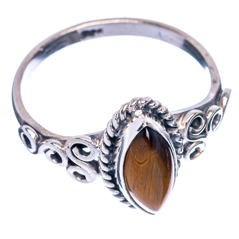 Sterling silver ring with tiger eye teardrop-like oval stone, openwork decorative band