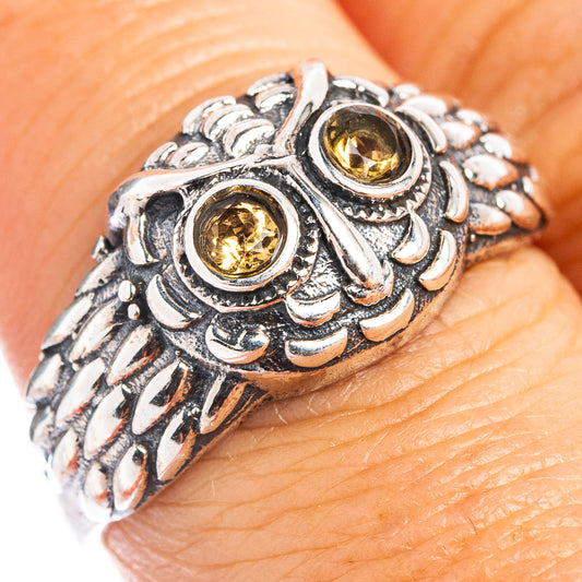 Sterling silver owl dainty ring with two round citrine-colored stones, ornate band