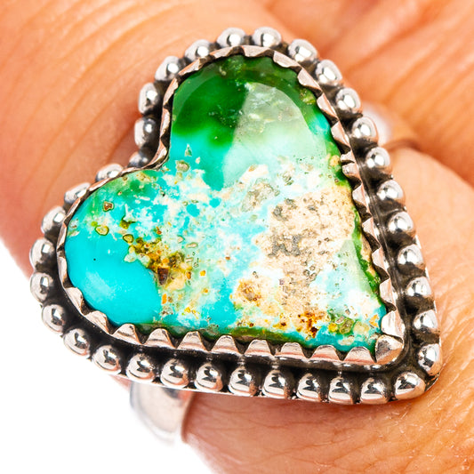 Heart turquoise ring, green-blue stone with beaded sterling silver bezel