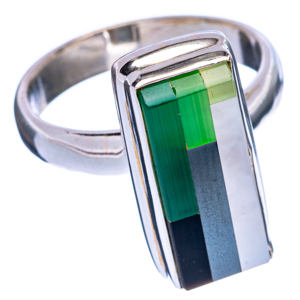 Sterling silver ring with green onyx center and black accent bars, rectangular setting