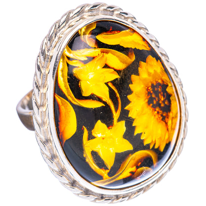 925 sterling silver oval amber intaglio ring with braided band, black base with yellow sunflower design