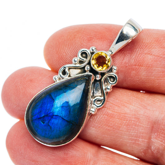 Sterling silver pendant with blue labradorite teardrop and round yellow citrine