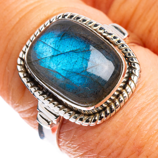 Labradorite gemstone ring in .925 sterling silver, oval blue stone with ornate bezel