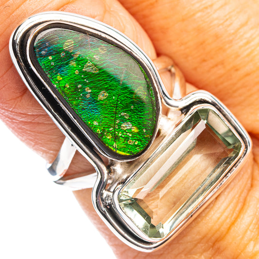 Sterling silver ring with oval green iridescent stone and faceted light green gemstone