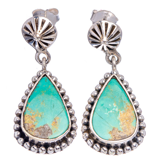 Turquoise teardrop earrings with .925 silver sunburst caps, beaded border, dangle
