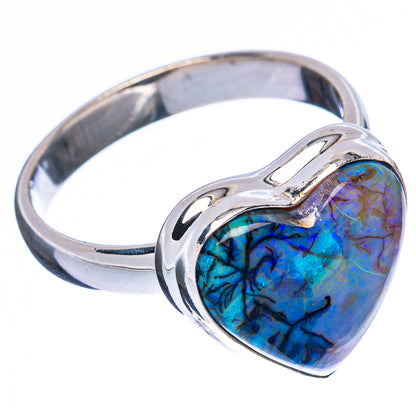Sterling silver heart opal ring, blue cabochon with swirling purple veining