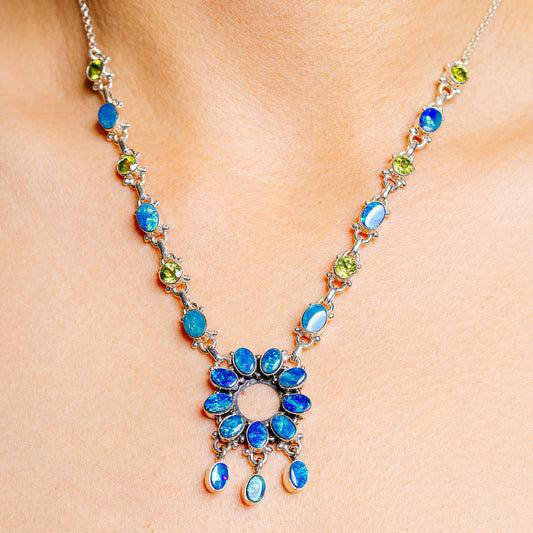 Opal and peridot necklace with sterling silver chain and sunburst pendant