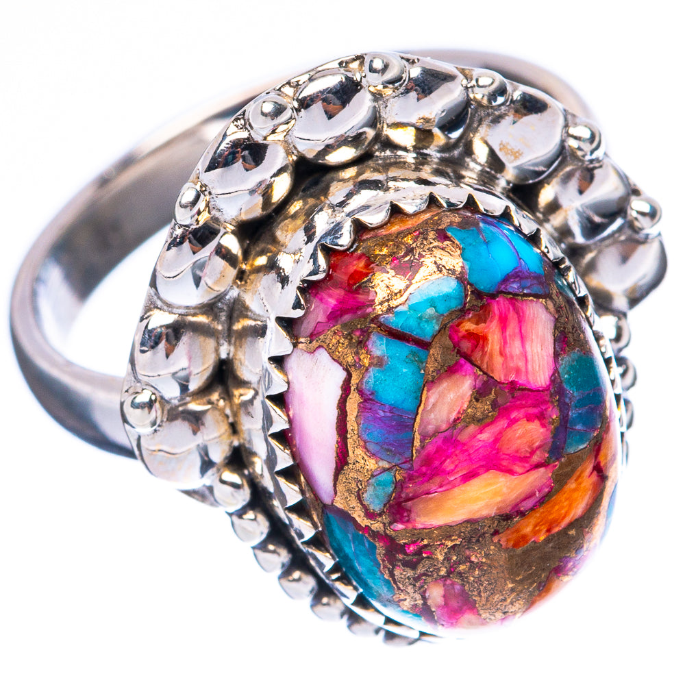 925 sterling silver ring, oval multicolor cabochon in raised bezel with patterned band