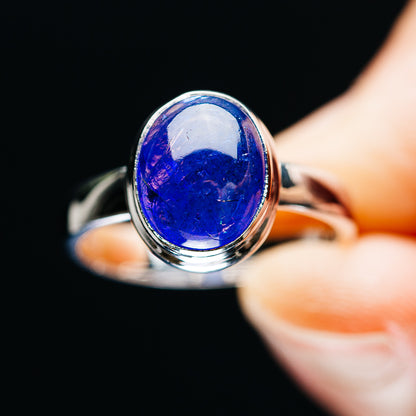 Oval blue tanzanite-style gemstone ring in polished .925 sterling silver, front view