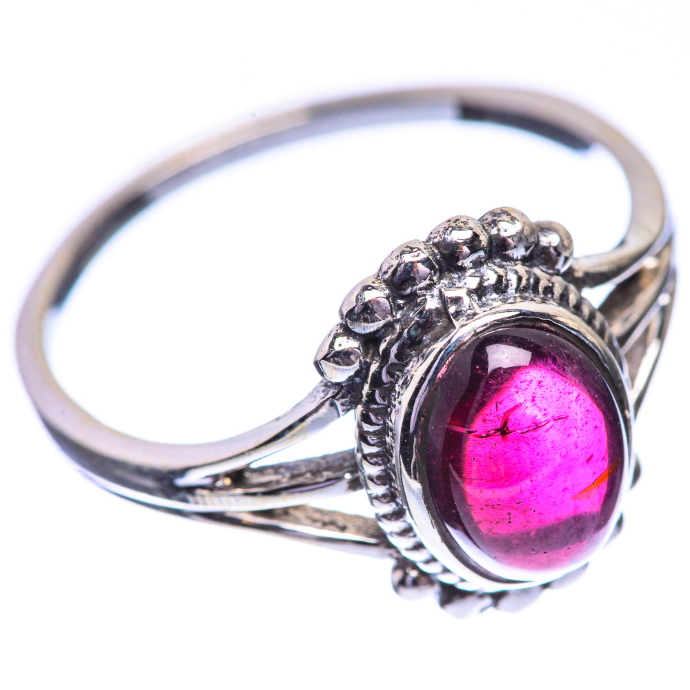 Dainty oval garnet gemstone sterling silver ring with textured side bezel, size 6
