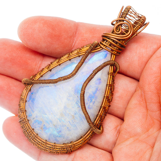 Rainbow Moonstone Wire Wrap Pendant 2 7/8" (Copper)