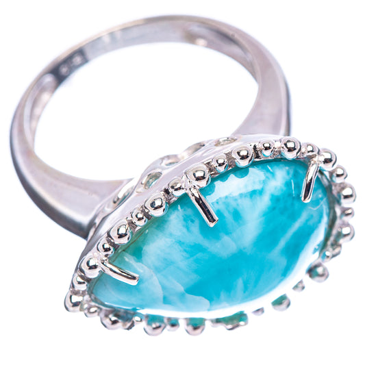 Larimar ring with turquoise oval stone in .925 sterling silver, side prongs and band