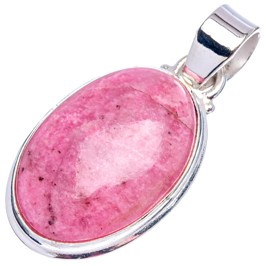 Oval rhodonite pendant in .925 sterling silver with hinged bail and pink stone
