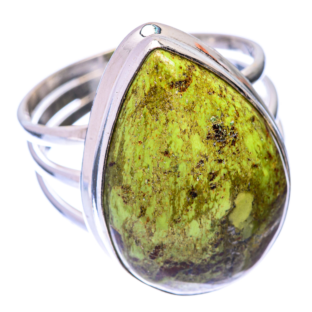 Sterling silver gaspeite ring, oval green cabochon with dark speckles and open band
