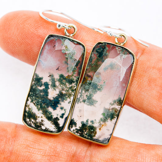 Green Moss Agate Earrings 1 3/4" (German Silver)