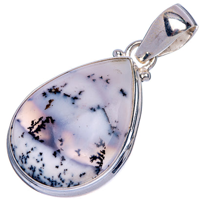 Sterling silver teardrop dendritic opal pendant, oval bail, blue-white stone with dark inclusions.