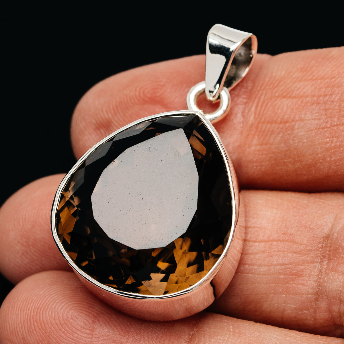 Premium 49ct Faceted Smoky Quartz Pendant 1 3/8" (.925 Sterling Silver)