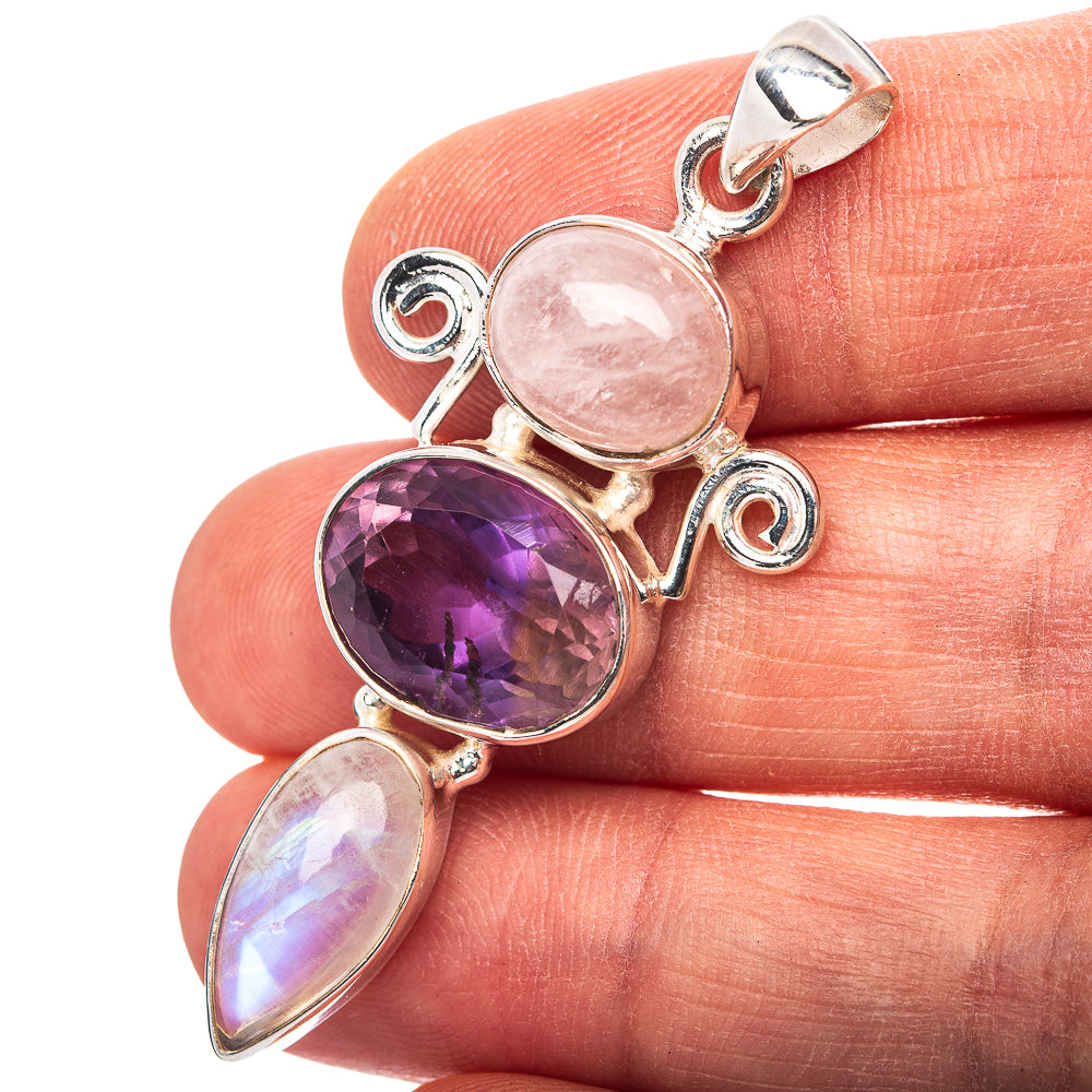 Premium Amethyst, Rainbow Moonstone, Rose Quartz Pendant 2 1/8" (.925 Sterling Silver)