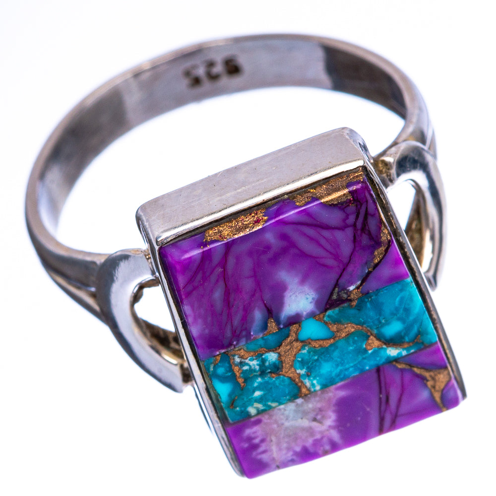 Square turquoise purple gemstone ring with gold flecks on silver band, side view