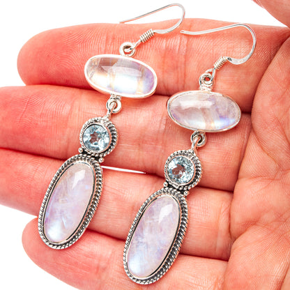 Signature Rainbow Moonstone, Blue Topaz Earrings 2 1/2" (.925 Sterling Silver)