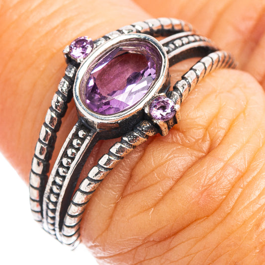 Amethyst oval dainty ring, .925 sterling silver, ornate band with small purple stones