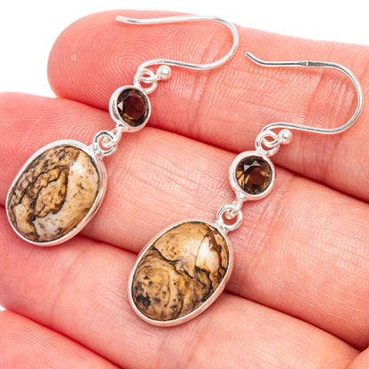 Picture Jasper, Smoky Quartz Earrings 1 5/8" (925 Sterling Silver) E433455