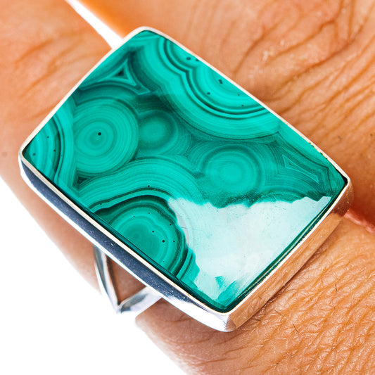 Malachite ring, rectangular green stone in .925 sterling silver bezel, size 9