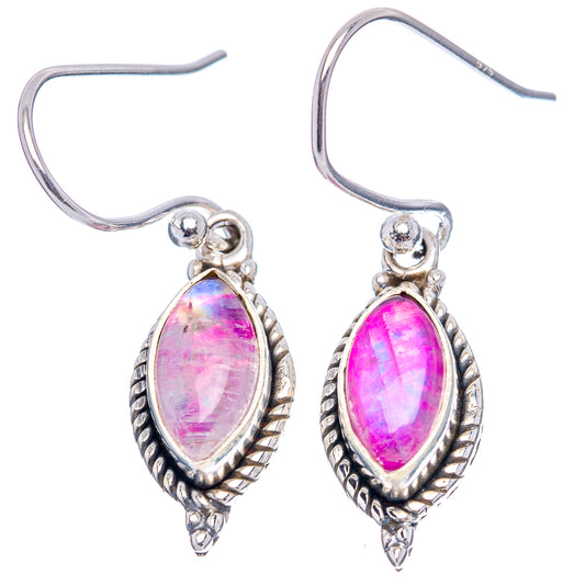 Sterling silver teardrop moonstone earrings, pink stones in braided border with hook closures