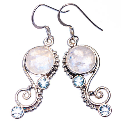 Premium Rainbow Moonstone, Blue Topaz Earrings 1 3/4" (925 Sterling Silver) E432356